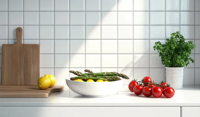 Fresh vegetables and herbs arranged on a bright kitchen counter with white tile backsplash