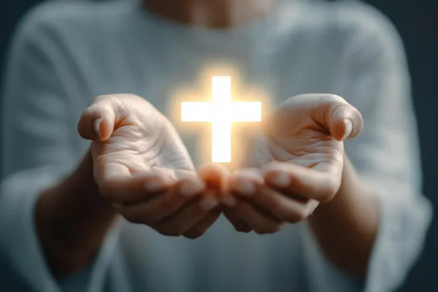 Cupped hands hold a glowing illuminated cross against a softly blurred background.