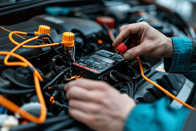 Mechanic hands hold multimeter probes on car battery terminals with cables and tools inside an open engine bay.
