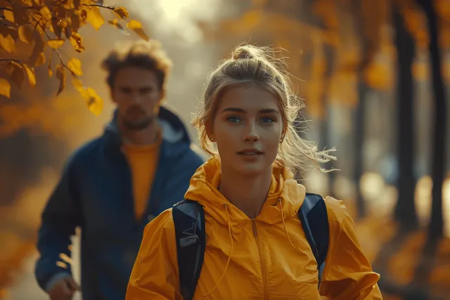 A blonde woman jogs with a couple behind her on a park trail at sunrise surrounded by autumn leaves.