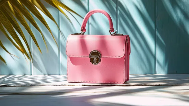 Small pink handbag with metal clasp sits on wooden surface, with palm leaf shadows across a light blue background.