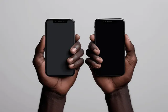 Dos manos sostienen dos teléfonos inteligentes con pantallas oscuras en blanco sobre un fondo claro liso.