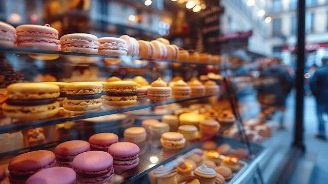 Paris bakery window display with macarons and pastries behind glass shelves