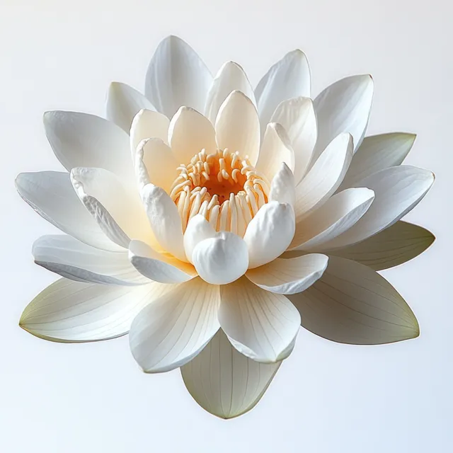 White lotus flower with unfolding petals and visible orange stamens in soft natural light.