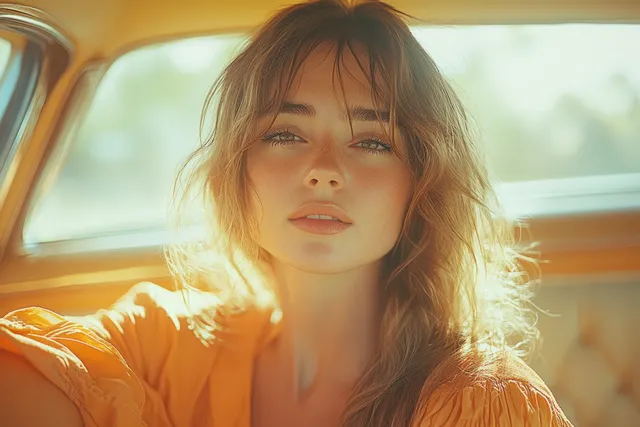 Smiling woman driving car while listening to music through earbuds in sunlit cabin