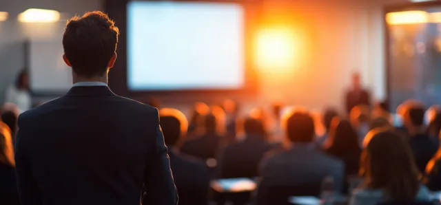 Executive manager speaking to an audience during a seminar, warm stage lighting