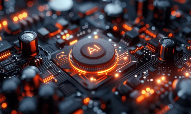 A futuristic AI microchip on a circuit board glows with an orange ring and nearby red indicator lights.