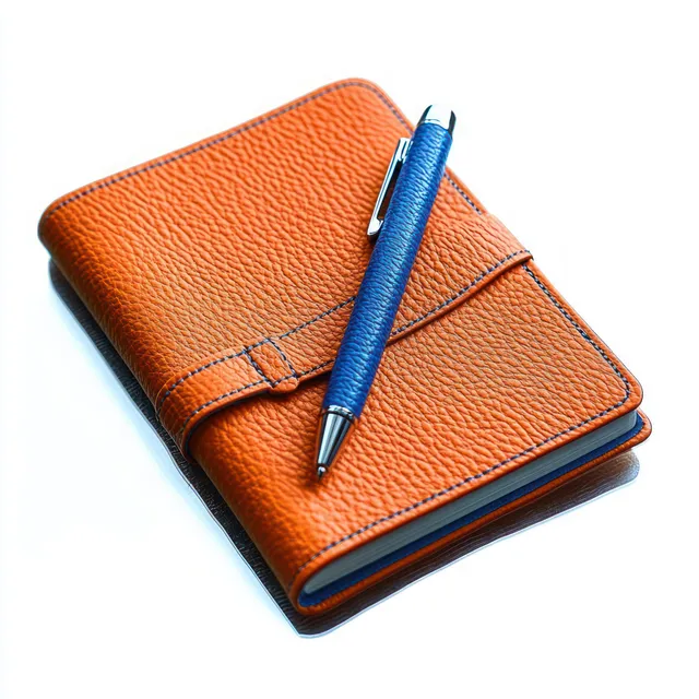 Closed orange textured leather notebook with a blue leather-covered pen resting on top against a white background.