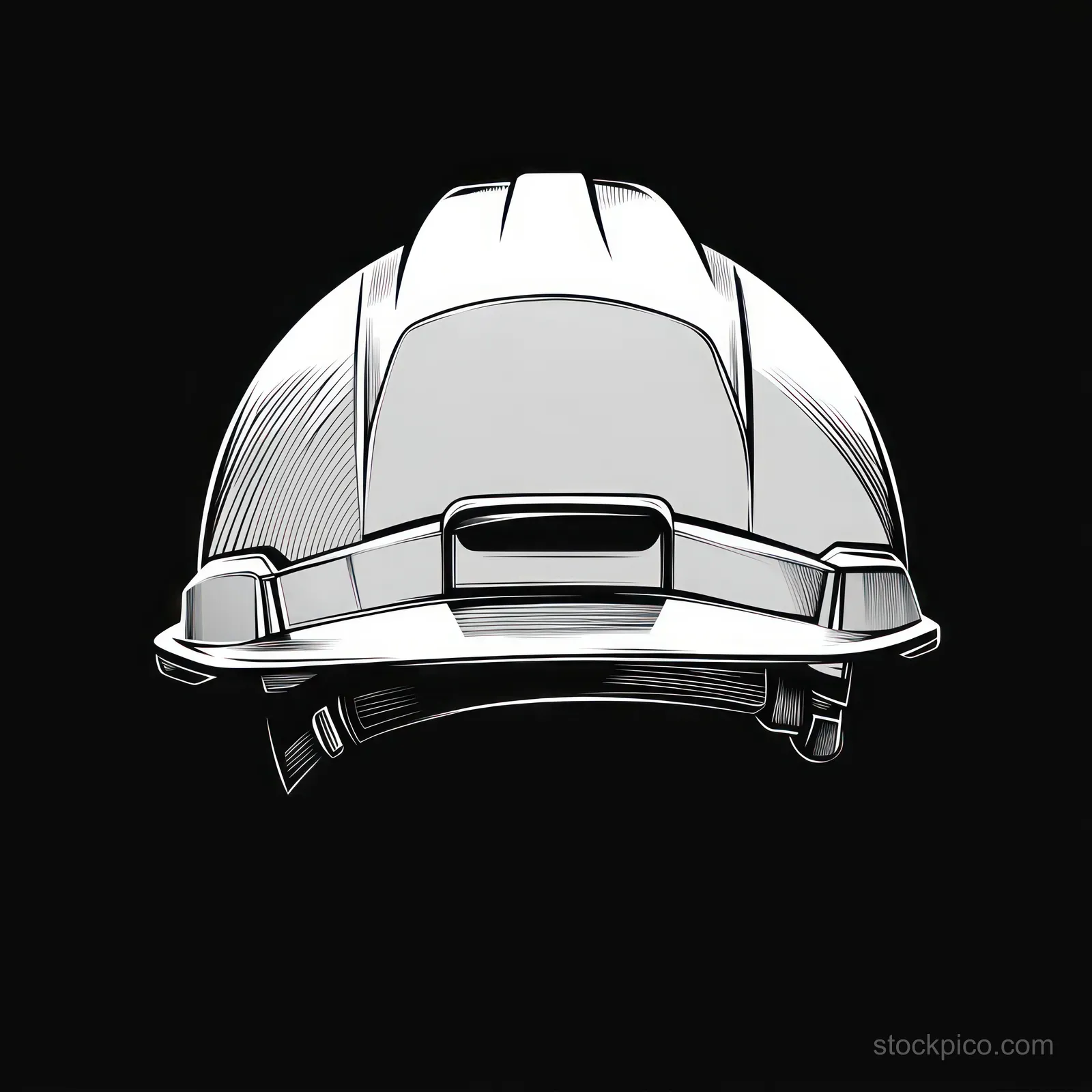 Front view of a white construction safety helmet with chin strap on a black background.