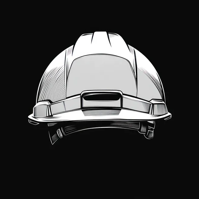 Front view of a white construction safety helmet with chin strap on a black background.