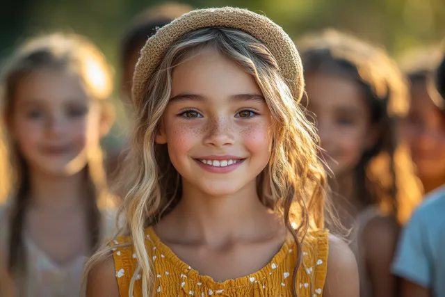 Smiling child with friends blurred behind her, warm sunlight in an outdoor park