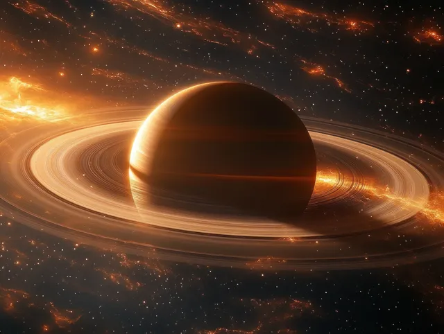 Golden ringed planet glowing in deep space with swirling nebula light