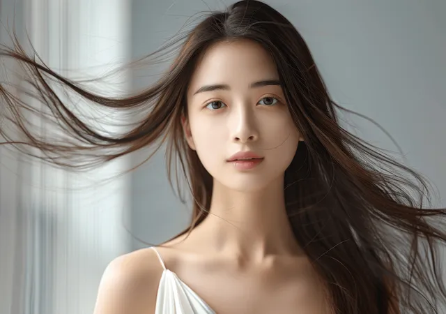 Asian woman in white dress posing against gray backdrop, hair flowing in wind