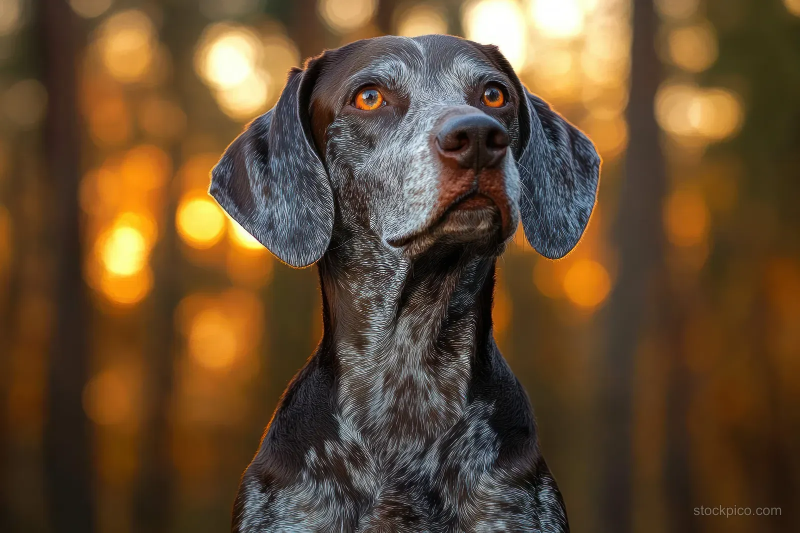 Gray dog with amber eyes sits alert in a softly blurred golden-hour forest with warm light.