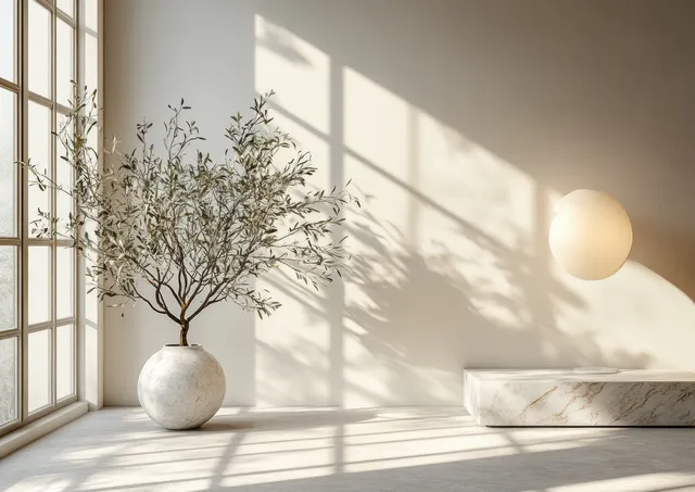 Minimalist interior corner with a marble lamp and olive-branch vase, illuminated by soft sun shadows on a white wall.