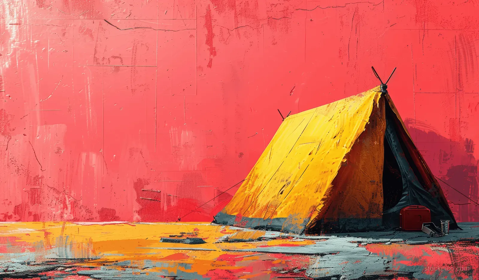 Cyberpunk tent with a yellow roof against a pink textured background in an oil-paint illustration.