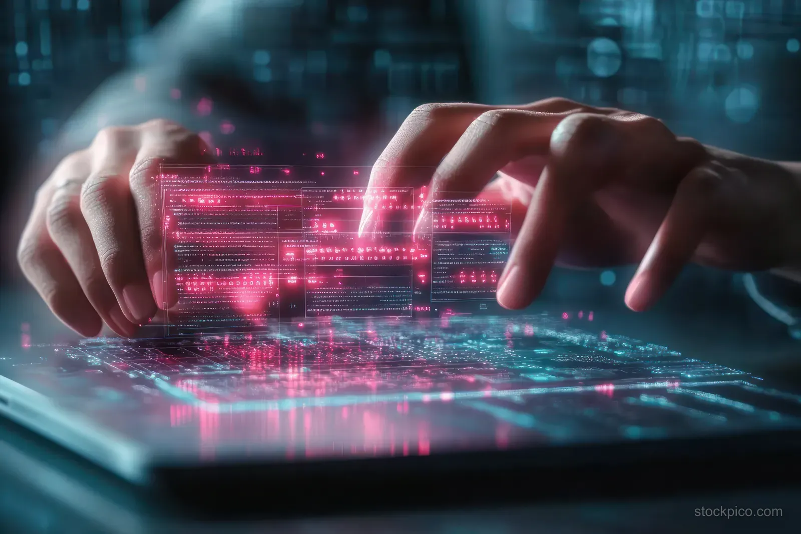 Hands interact with a glowing holographic digital ID interface on a laptop with neon security code panels.