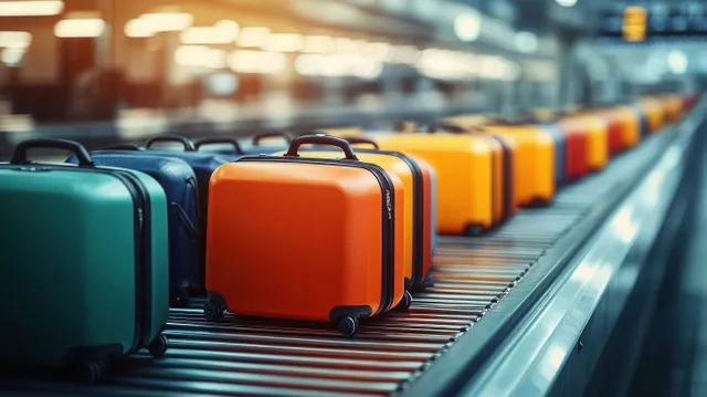 Colorful hard-shell suitcases move along an airport conveyor belt with blurred terminal lights in the background.