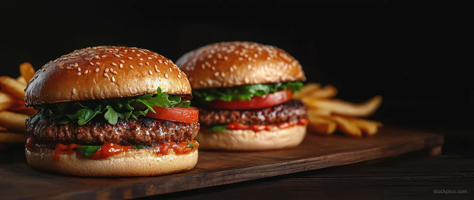Two cheeseburgers with sesame buns and fresh lettuce and tomato sit on a wooden board with ketchup fries on a dark background.