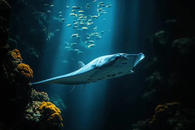 Manta ray gliding upward through blue water with a distant school of fish