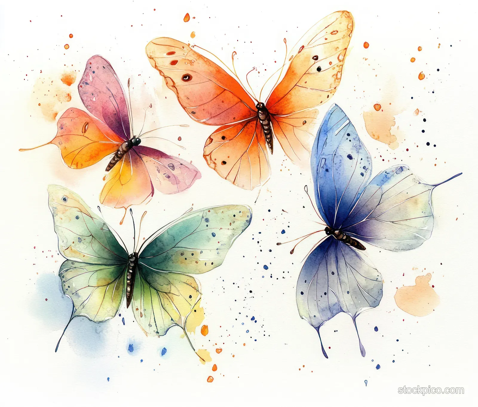 Four watercolor butterflies float on a white background surrounded by orange, purple, green, and blue paint splatters.