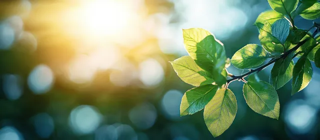 Green leaves catch warm sunlight in a close-up view with soft blurred background.
