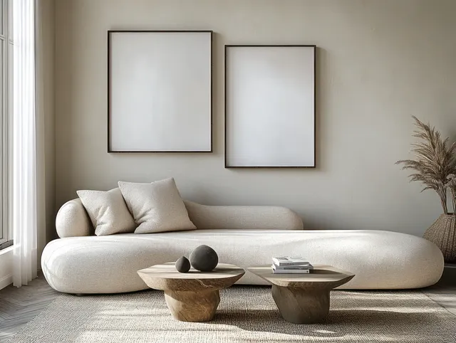 Minimalist living room with a sculptural sofa, low geometric coffee table, and two blank square wall frames.