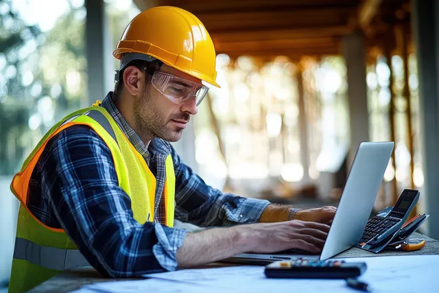 Construction engineer typing on laptop at site, blueprints and safety helmet in daylight