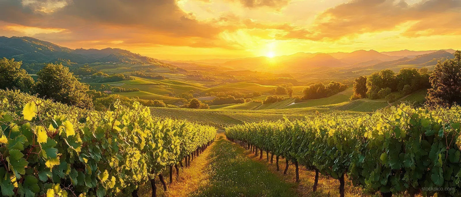 Green grapevine rows stretch through rolling hills as the sun sets over distant mountains.