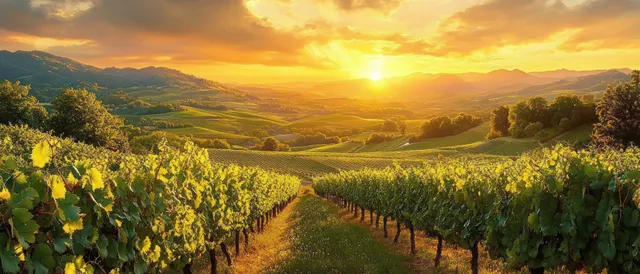 Green grapevine rows stretch through rolling hills as the sun sets over distant mountains.