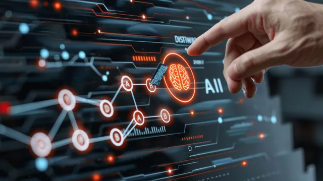 A businessman’s hand touches a glowing AI hologram interface over a neon circuit board background.