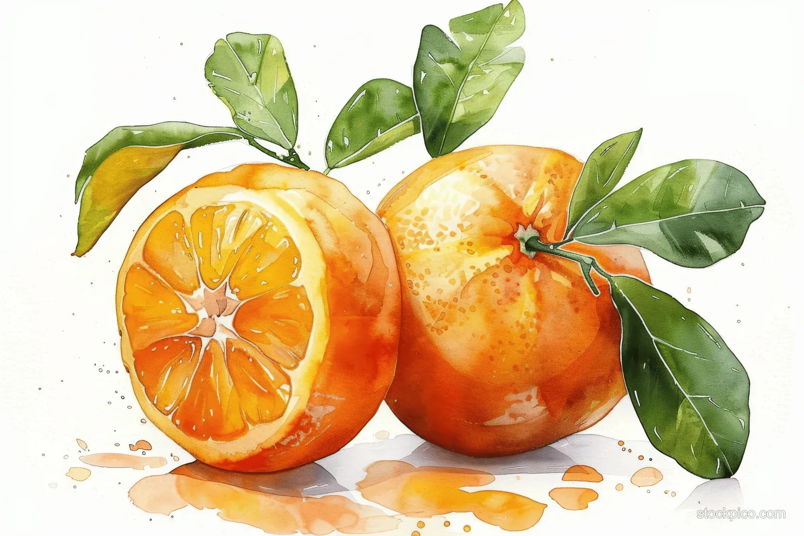 Two watercolor oranges with green leaves and small paint splashes are isolated on a white background.