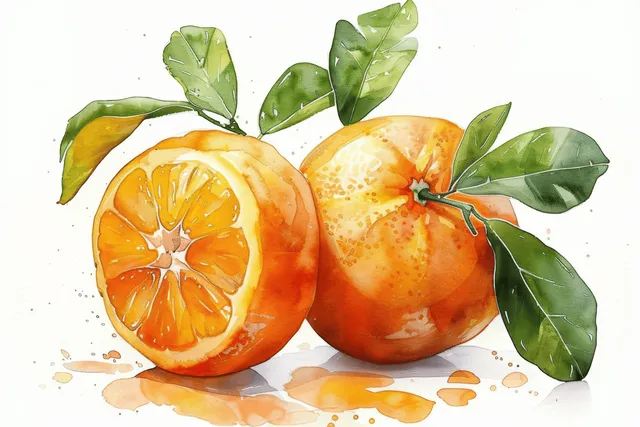 Two watercolor oranges with green leaves and small paint splashes are isolated on a white background.