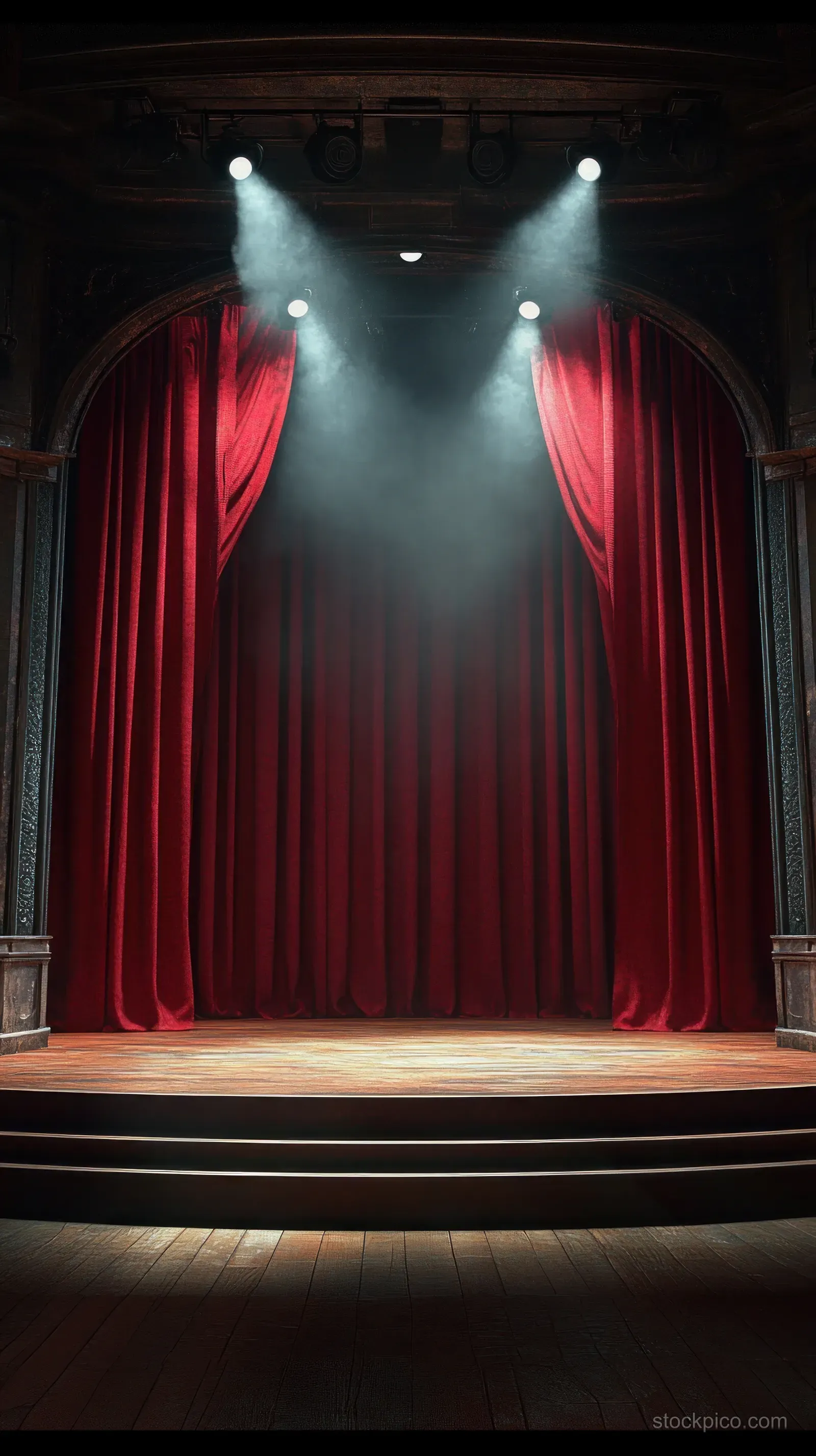 Empty theater stage shows closed red velvet curtains lit by four spotlights with smoke haze over a wooden floor.