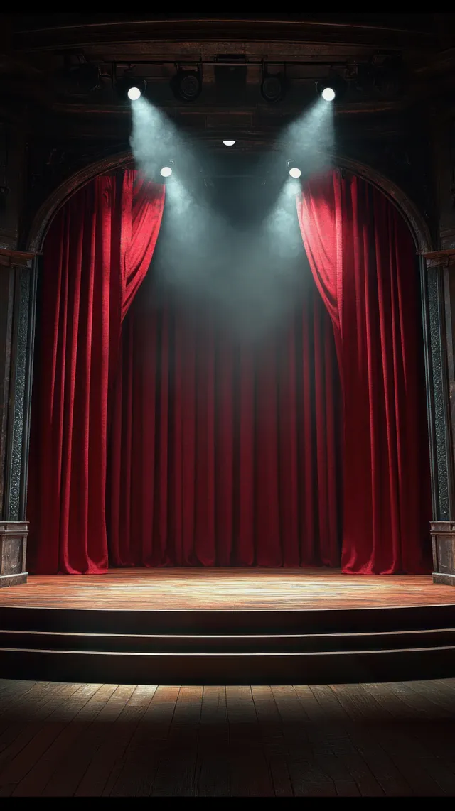 Empty theater stage shows closed red velvet curtains lit by four spotlights with smoke haze over a wooden floor.