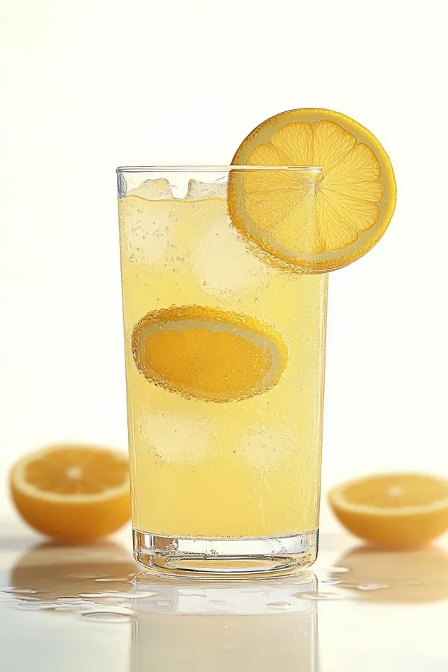 A tall glass of cold lemonade with a floating lemon slice and scattered lemon halves on a white reflective surface.