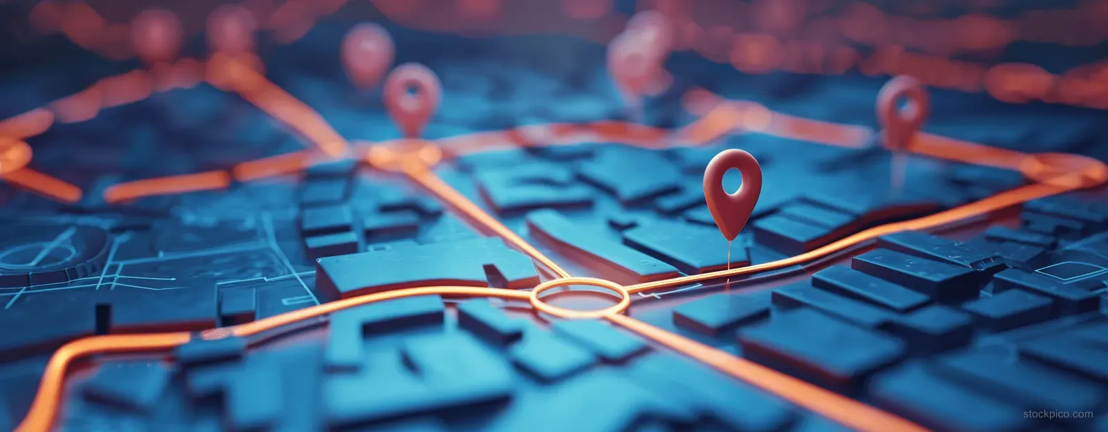 3D city street map shows glowing route lines with red GPS pins and navigation direction trails.