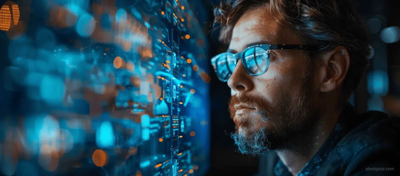 A man with glasses looks at a glowing holographic screen of floating data patterns in cyber-blue light.