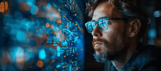 Um homem de óculos olha para uma tela holográfica brilhante com padrões de dados flutuantes em luz azul cibernética.