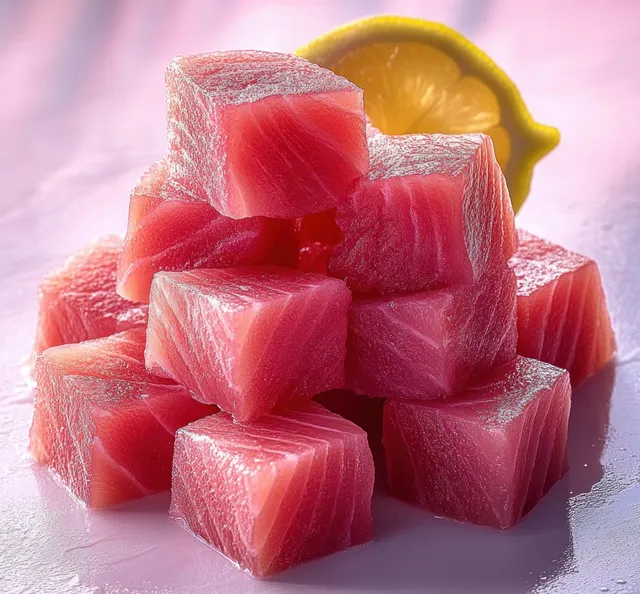 Stacked raw tuna cubes with a lemon slice in the softly blurred background on a light surface.