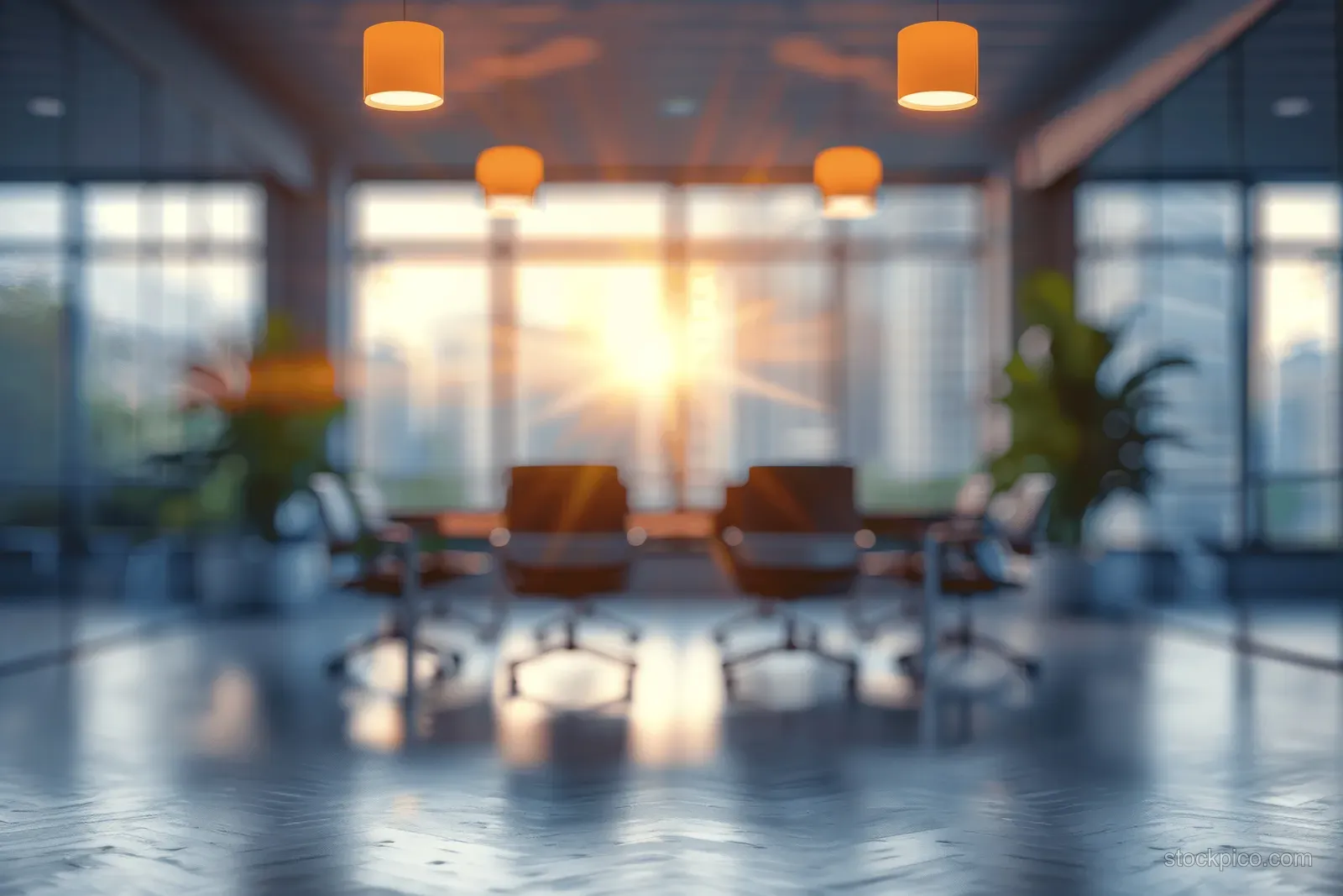 Blurred office meeting room with empty chairs facing panoramic windows and warm glowing ceiling lights.