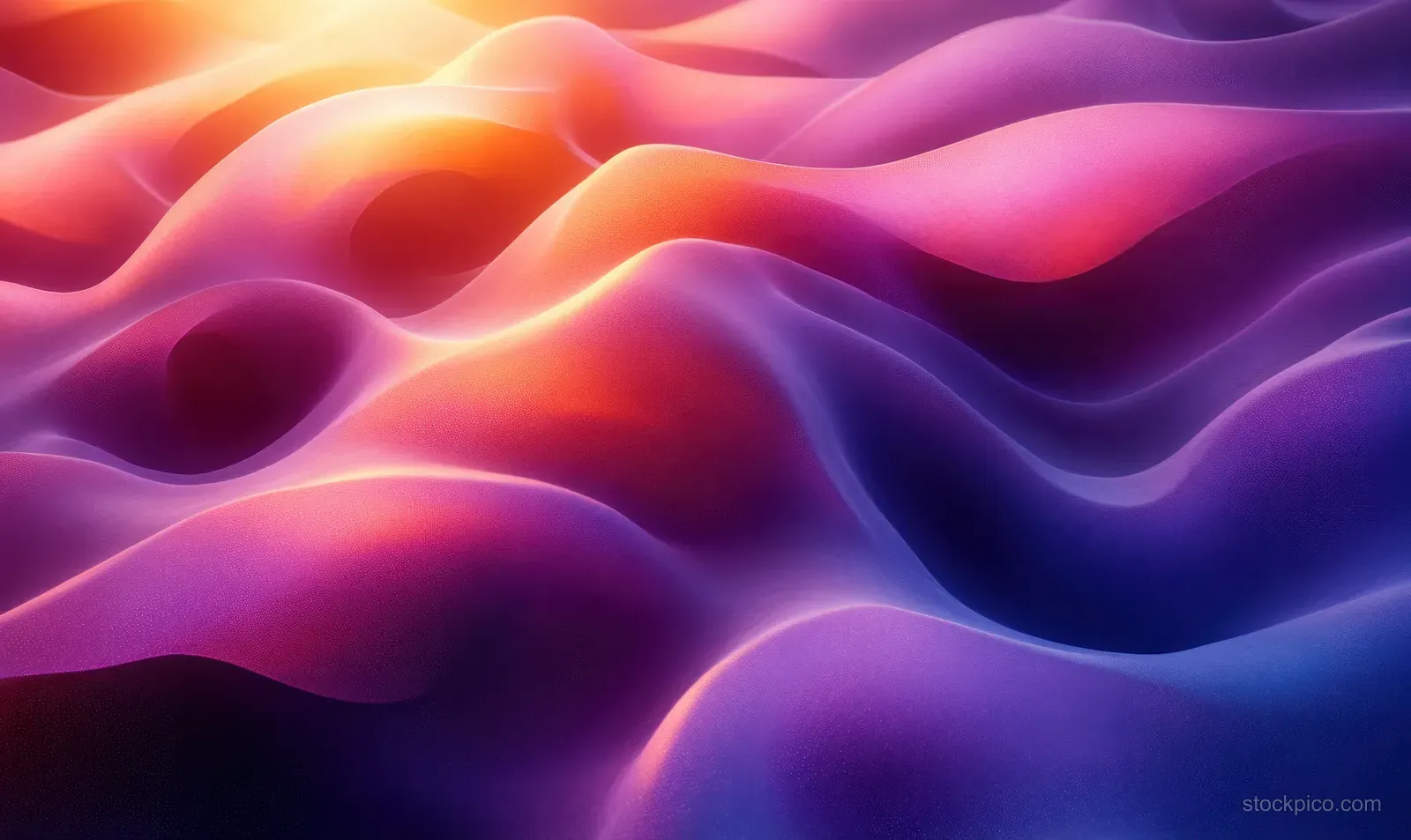 Glowing interwoven rings float above flowing purple-blue gradient waves with soft light highlights.