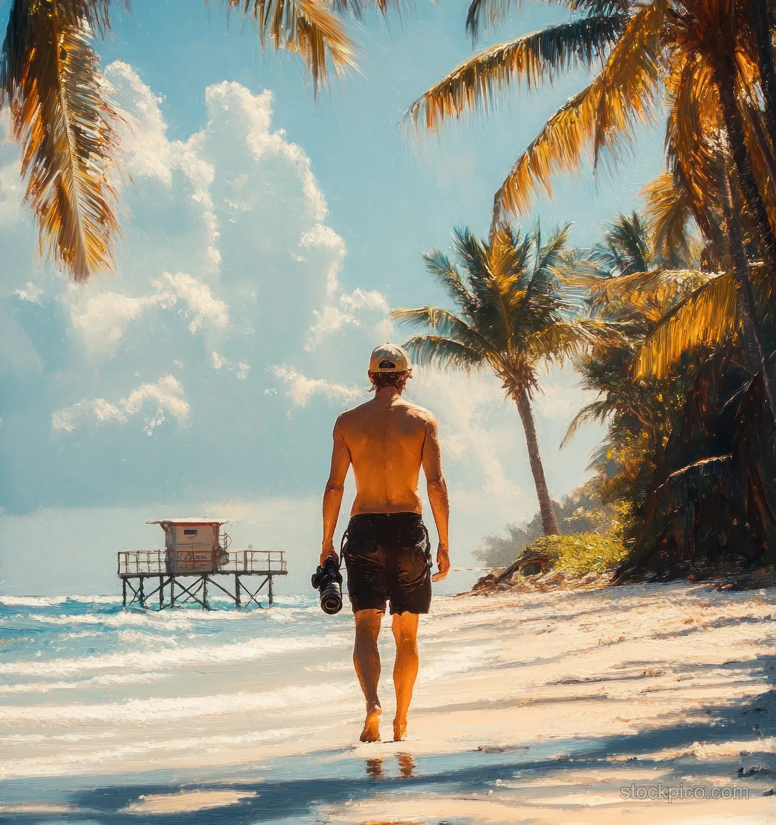 A barefoot man walks along a sunny tropical beach with palm trees and a distant lifeguard tower.