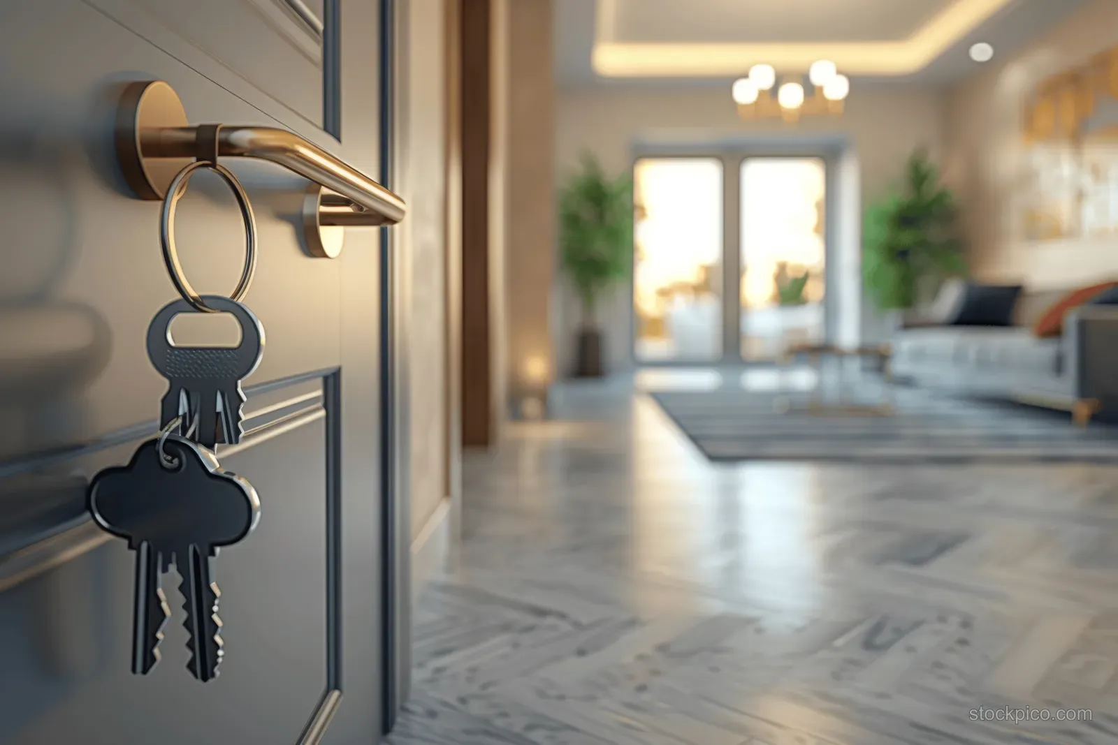 Apartment entry door lock with hanging keys, with a bright Scandinavian living room hallway in the background.