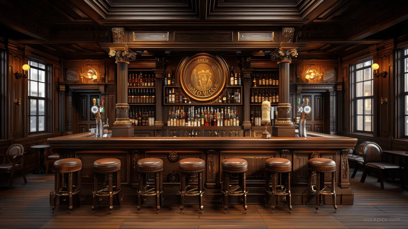 A classic pub interior with a wooden counter, leather stools, and whiskey bottles on the shelves.