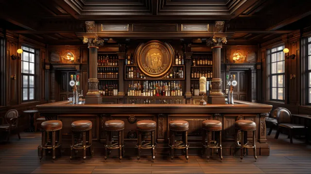 A classic pub interior with a wooden counter, leather stools, and whiskey bottles on the shelves.