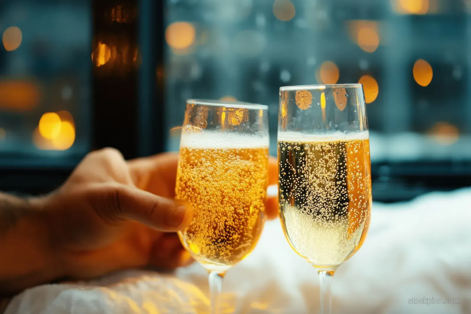 Two hands clink golden champagne flutes as bubbles rise under warm blurred lights in the background.