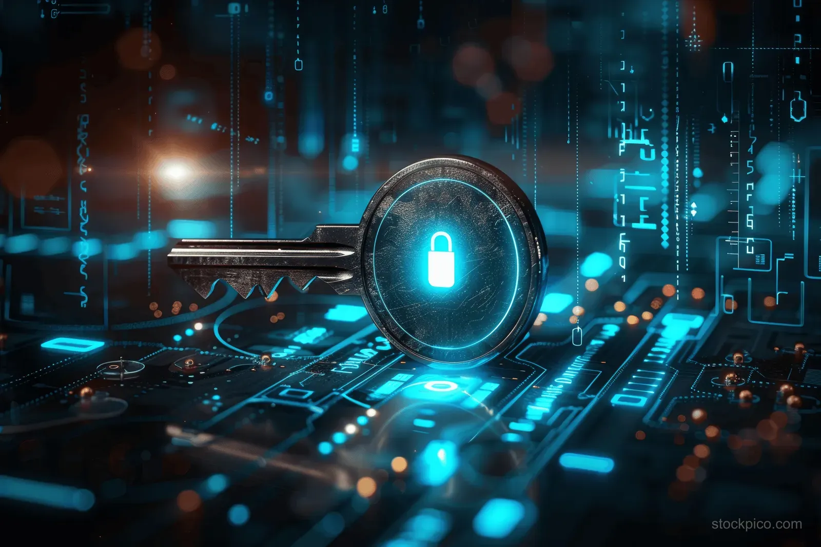 A metallic key sits beside a glowing padlock on a blue circuit board background.