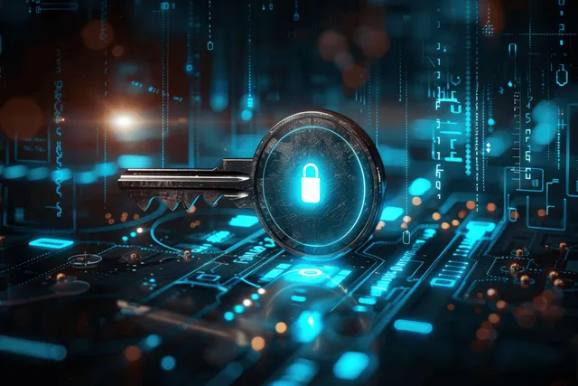 Digital Key and Glowing Padlock on Futuristic Blue Circuit Board