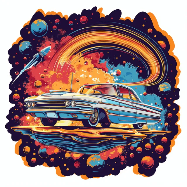 A psychedelic retro car drives through a neon space rainbow portal with planets and stars around it.